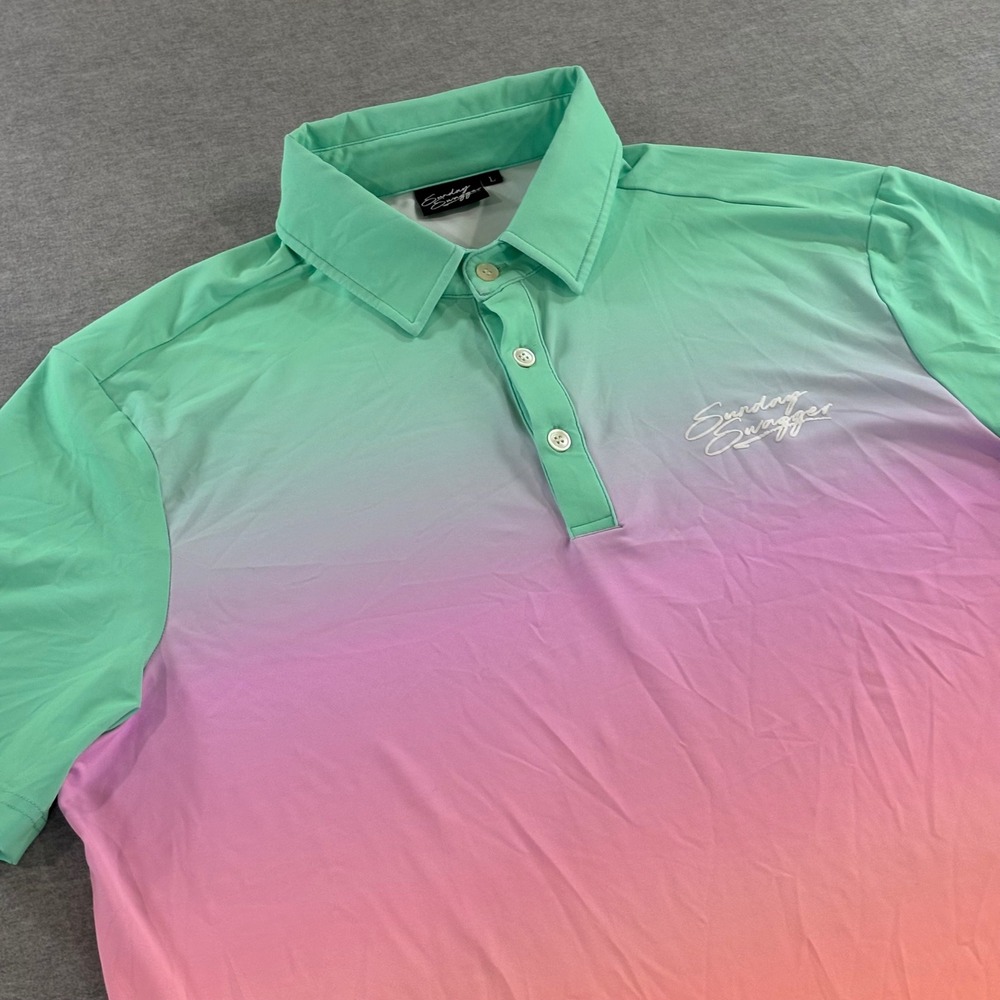 Sunday Swagger Mens Golf Polo Shirt Large Ombre Green Pink Hard Rock Stone Works